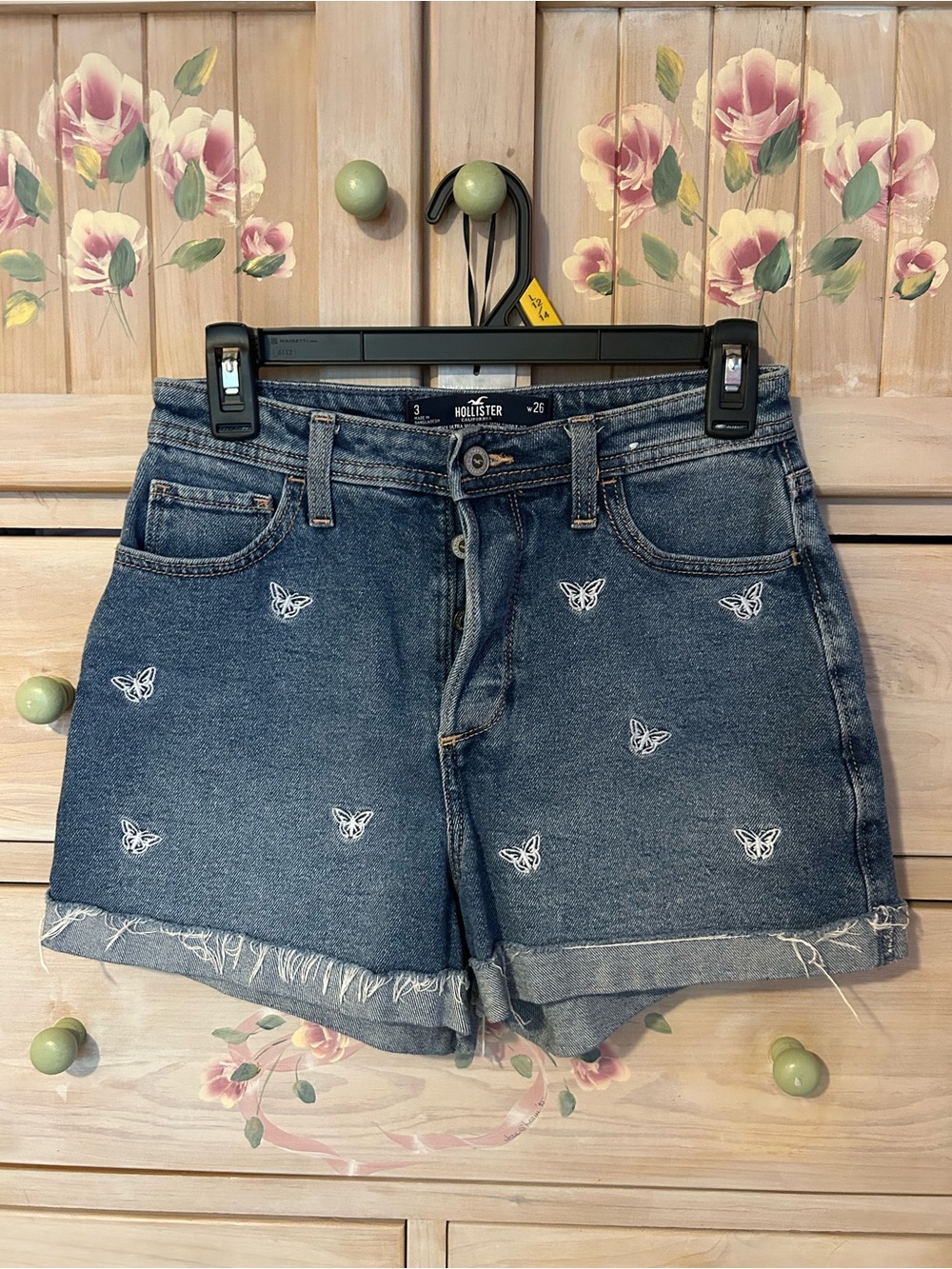 Hollister Dark Blue Denim Butterfly Embroidered Shorts